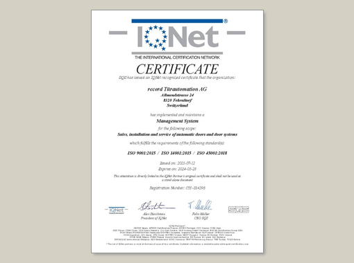 IQNet Certificate 9001 & 14001 & 45001